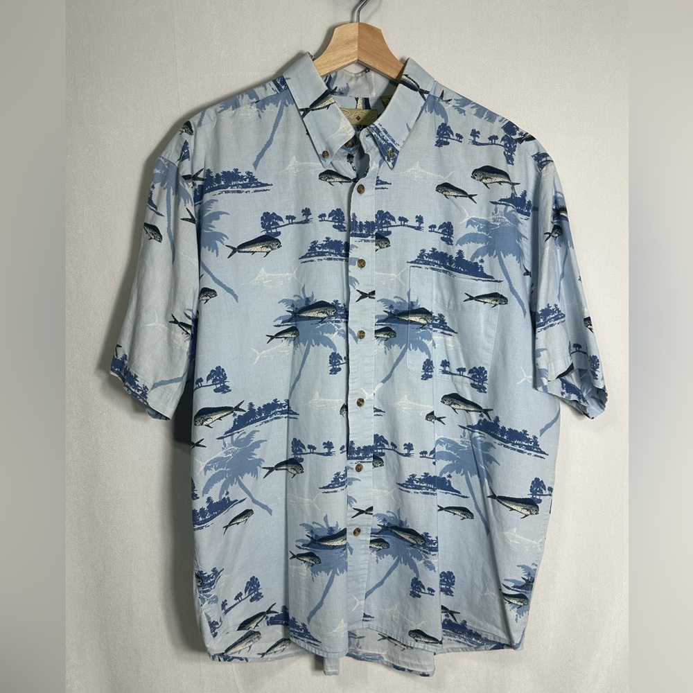 Royal Palm Mens‎ XL Blue Mahi Mahi Fish Tropical Palm Tree Cotton Button Shirt